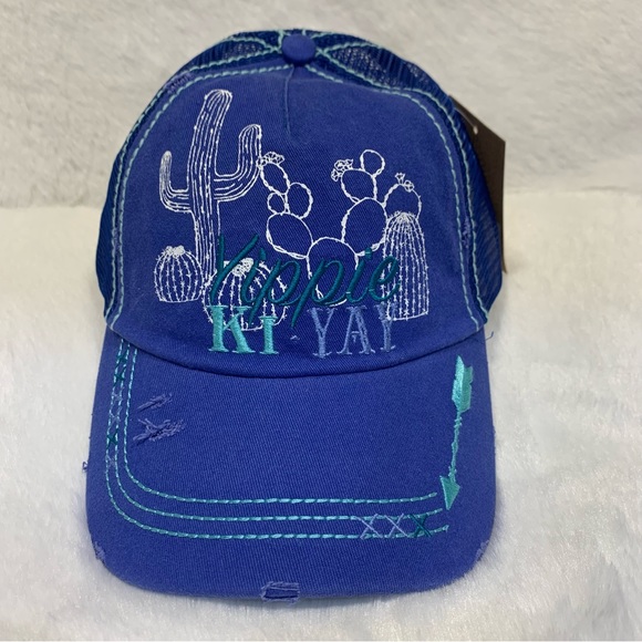 Catchfly Womens Hat Baseball Cap "YIPPIE KI-YAY" Arrows Mesh Cactus Blue - Picture 2 of 10